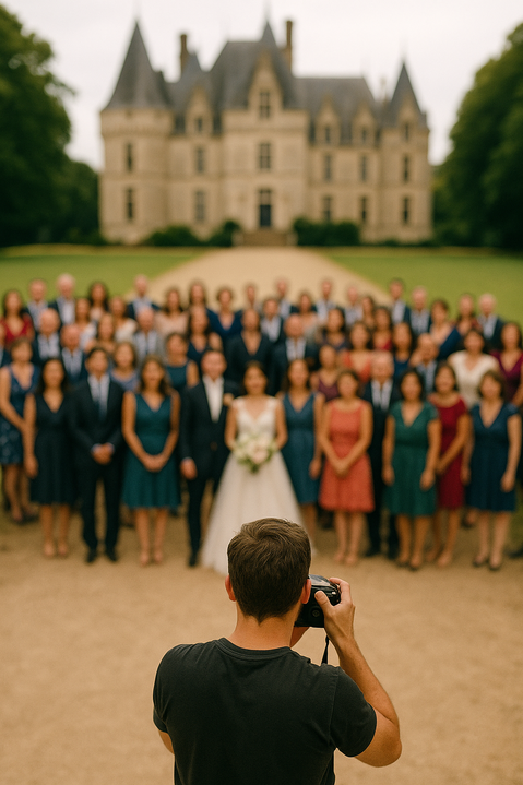 Photographe prenant l'ensemble des invités en photo, pour illustrer l'article de blog mariage "Pourquoi je déconseille la fameuse photo avec tout le monde", par My Daydream Wedding, wedding planner et designer sur Paris, Lille et la France