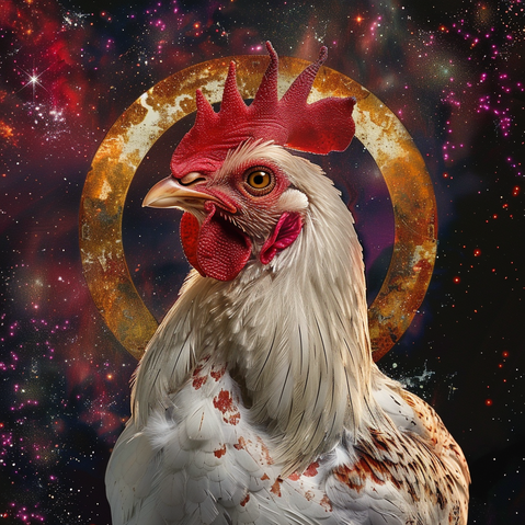 Ein weisses Huhn mit roten Flecken auf den Federn ist zu sehen bis zur mitte Brust von vorne, im Hintergrund ist ein weisser-rostiger Kreis hinter dem Kopf, der Hintergrund ist schwarz mit roten leuchtenden punkten