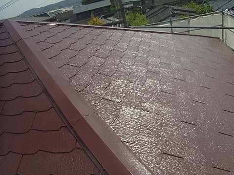 熊本市Ｍ様屋根塗装完成。光沢がピカピカです。ワインレッド系。