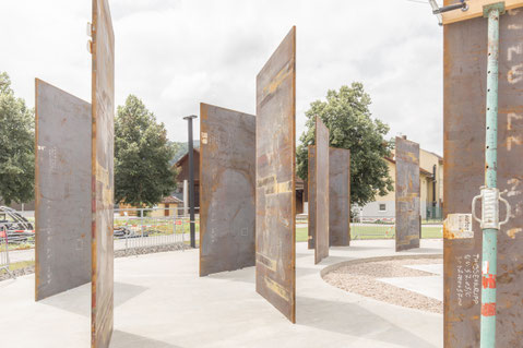 construction site of the sculptural spatial intervention for the Welser Profile Community Center in Gresten, lower Austria. parametric architecture made of massive Corten steel Panels. 