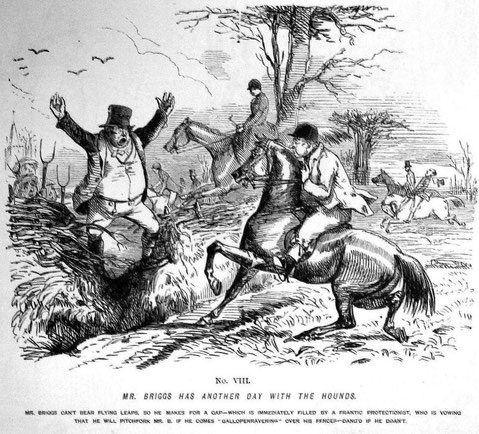 A cartoon of 1850 in 'Punch' magazine by John Briggs shows a protester trying stop a fox hunt. Click to enlarge the picture.
