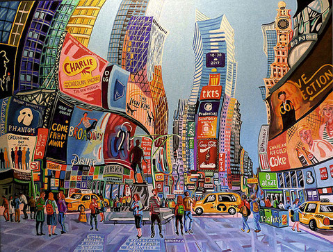 ATARDECER EN TIMES SQUARE (NEW YORK). Huile sur toile. 97 x 130 x 3,5 cm.