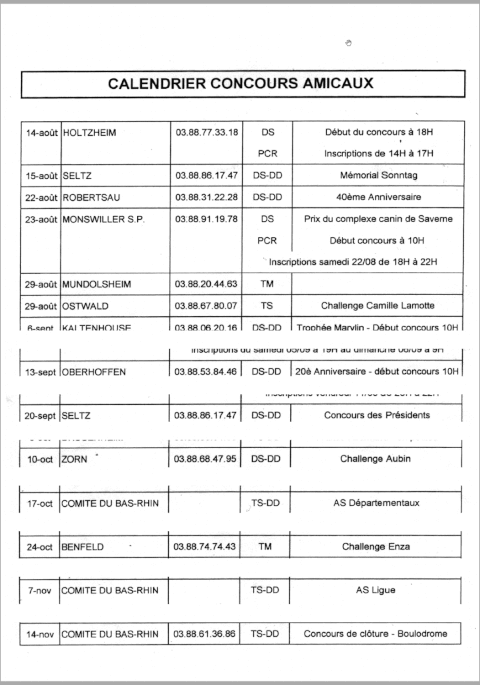 CALENDRIER CONCOURS AMICAUX