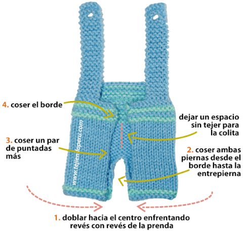 overol o pantalón del conejo tejido en dos agujas o palillos