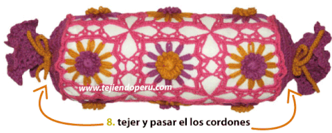 almohada caramelo en telar reloj y crochet