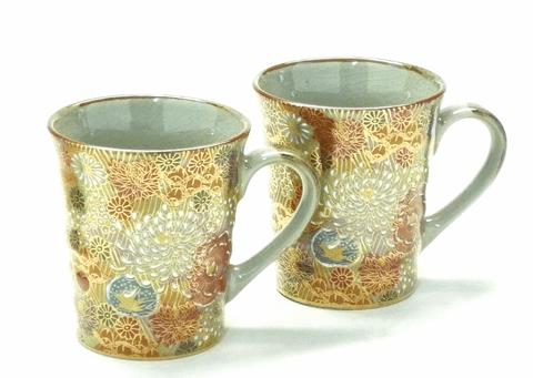 九谷焼【ペアマグカップ】加賀のお殿様・お姫様気分(金花詰)&青粒+金花詰(傑作)『裏絵』