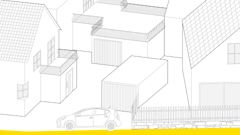 illustrations showing before and after pictures of single family houses that go converted into new functions