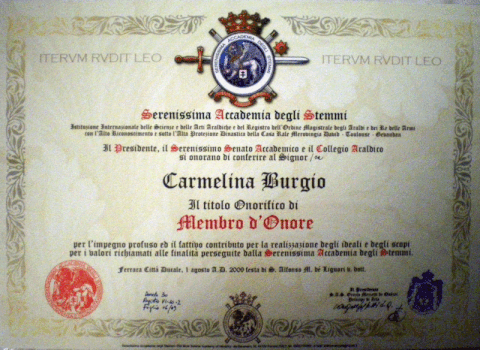 Diploma di nomina a Membro d'Onore in seno alla Serenissima Accademia degli stemmi a Donna Carmelina Burgio