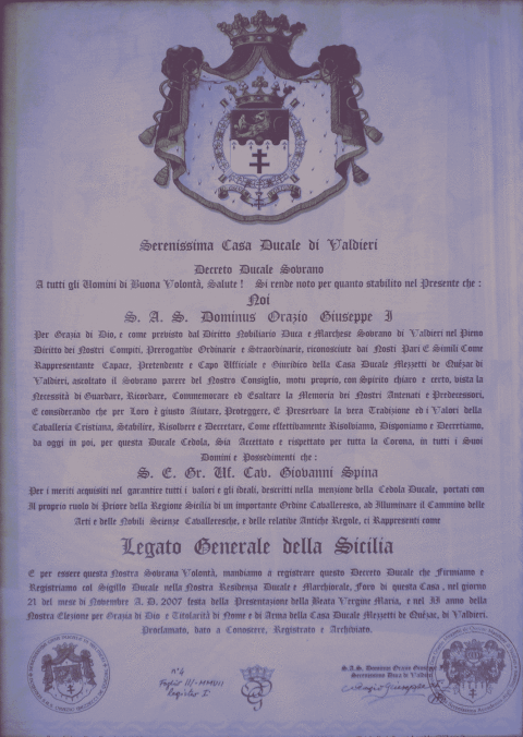 Decreto di nomina a Legato Generale della Sicilia del Serenissimo Ducato di Valdieri.