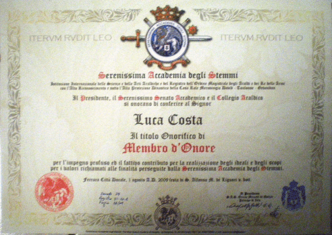 Diploma di nomina a Membro d'Onore in seno alla Serenissima Accademia degli Stemmi al meritevole simpatizzante Luca Costa.