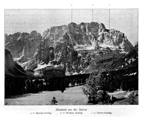 Historische Nord-Anstiege auf den Montasch, Gstirner 1907; b = der 1902 von Julius Kugy mit A.Oitzinger u. J. Komac erstdurchstiegende legendäre direkte Nordweg („Dr.Kugy-Weg, Villacherweg, Alpenvereinsweg, Kärntner-Weg“)