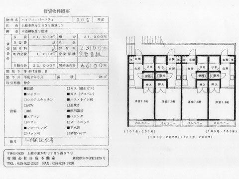 新潟県上越市のアパート「ハイツユニバースティ」105号室の賃貸物件概要と間取り図