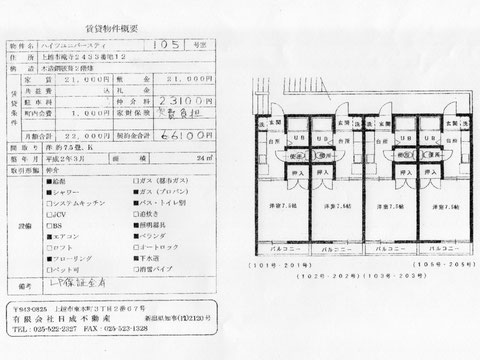 新潟県上越市のアパート「ハイツユニバースティ」105号室の賃貸物件概要と間取り図