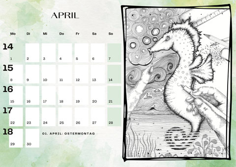Zentangle Wandkalender S/W Seepferdchen in progress