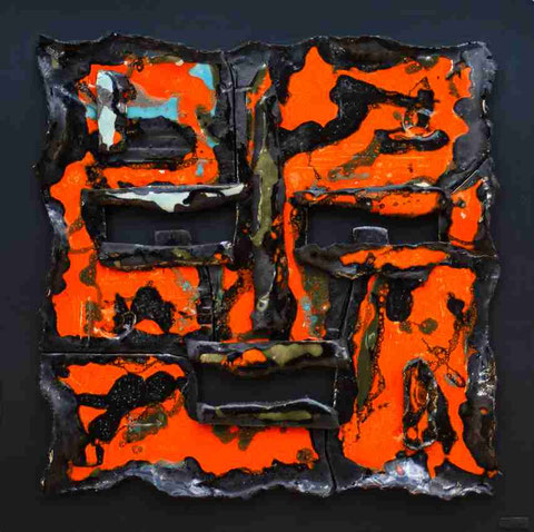 Terre cuite émaillée sur plaque d'acier - Hauteur : 62cm - Largeur : 62cm - Disponible à la vente