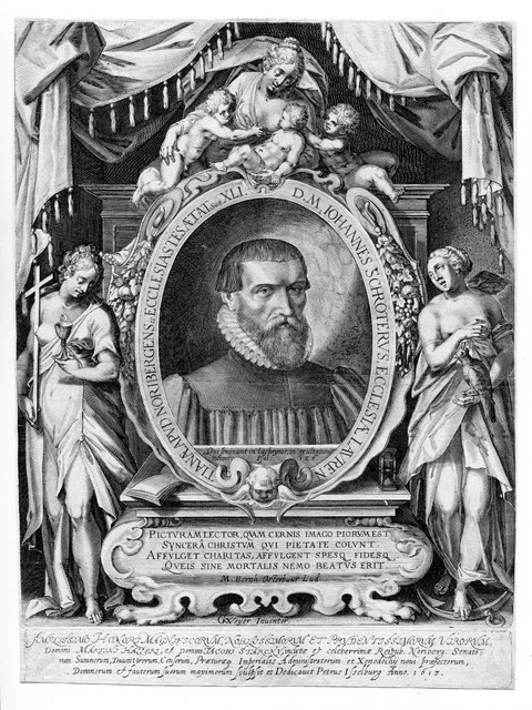 Schröder, Johann. luth. Theologe. 1598 Unna, 1599 Lauterbach/Hessen, 1604 Oberpfarrer an St. Johannis in Schweinfurt, 1611 Prediger an St. Lorenz in Nürnberg. 1572 Schlitz b. Treysa in Hessen - 1623 Nürnberg.   Kupferstich von Peter Isselburg 1613