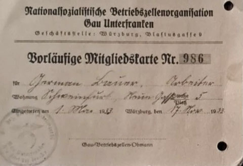 Vorläufige Mitgliedskarte der NSDAP 1933