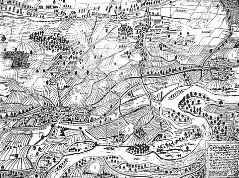 Darstellung der Region um Oberndorf (Reinfeld) aus dem Jahre 1580 1=Oberndorf, 2=Bartholomäuskirche, 3=Bergrheinfeld, 4=Rothmühle, 5=Grafenrheinfeld  ....   Vergrößerbar!!