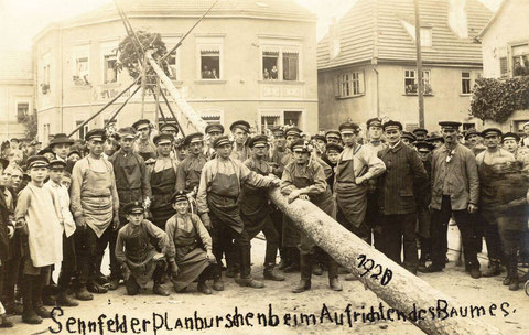 Die Sennfelder Planburschen beim Aufrichten des Planbaums 1920. Im Hintergrund Kolonialwarenhandlung Albrecht Barth.