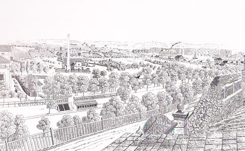 Radierung von 1840 vom Marienbachtal - Blick vom Oberen Wall (v. Johann Conrad Ochlich) Die hier auch zu sehende Zuckerfabrik wurde 1836 gegründet; ganz links ein Teil der Villa Endres