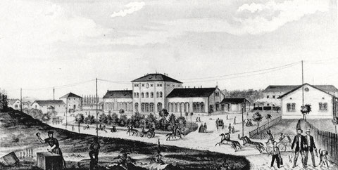 Darstellung des Stadtbahnhofes - wohl aus dem Jahr 1854, als die Strecke Schweinfurt nach Würzburg eröffnet wurde