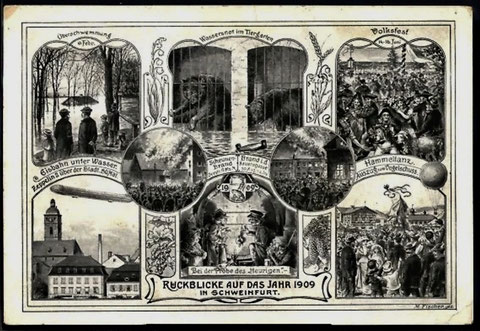 1909 gab es so viele Ereignisse, dass hierzu eine Jahrespostkarte herausgegeben wurde.