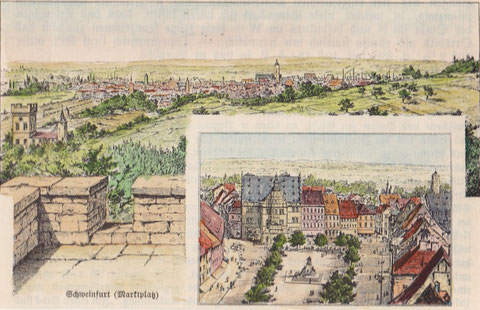 Schweinfurt Gesamtansicht von Peterstirn aus und Marktplatz, Holzstich 1896, Dietrich