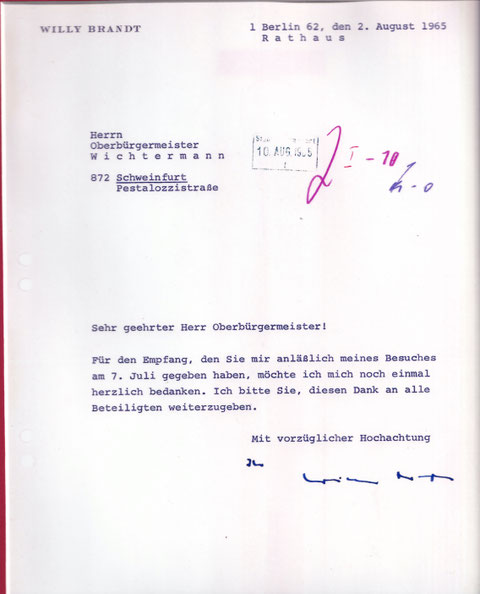 Brief Willy Brandts an Georg Wichtermann nach seinem Besuch im Juli 1965 in Schweinfurt