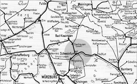 Kursbuchkarte 1946 - der Bahnhof Schweinfurt als wichtiger Knotenpunkt für den Eisenbahnverkehr in Mainfranken