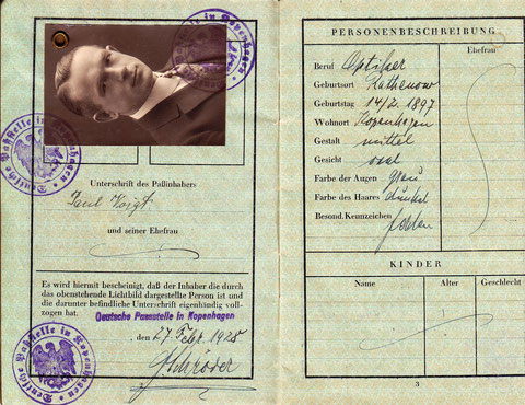 Reisepass vom 27. Februar 1928 - Paul Voigt lernte auch viel im Ausland, vor allem in Dänemark, wohin er bis 1937 immer wieder reiste