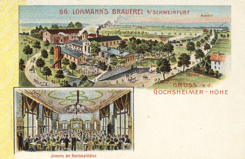 Georg Lohmanns Brauerei 1905. Einige bauliche Ergänzungen sind erkennbar. Die zwei Züge im Hintergrund sind auf Kollisionskurs. Die Strecke Gochsheim- Schweinfurt war nur eingleisig