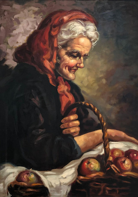 Vieille femme au panier de pommes, tableau d'Alberto Cecconi (1961)