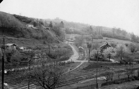 Bahnhof Steinbach Anschlussgleis zur Verladeanlage des Bergwerkes. Zu dieser Zeit fuhr die Bahn in Normalspur noch bis Steinbach - Im Hintergrund die Burgruine Liebenstein - Quelle: Astrid Messerschmidt