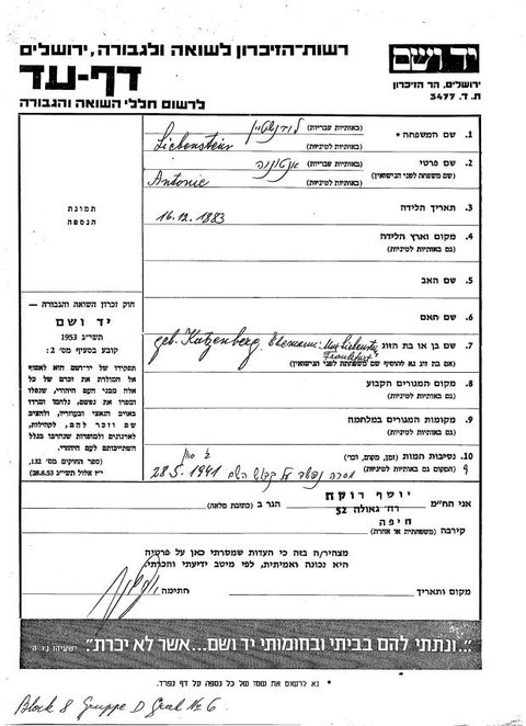 Auszug aus dem Register von Yad Vashem