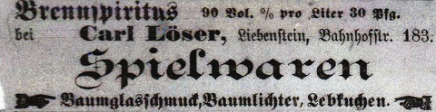 Es muss geklärt werden, wo die Bahnhofstr. 183 zu finden war. Kann Carl Löser mit Wilhelm Löser verwandt gewesen sein ? Stammgast 01.12.1900 - Quelle Monika Reich, geb. Claus 