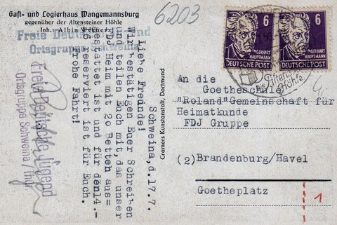 Gast- und Logierhaus Wangemannsburg Schweina - Karte vom 17.07.1950, als das Haus der Freien Deutschen Jugend gehörte