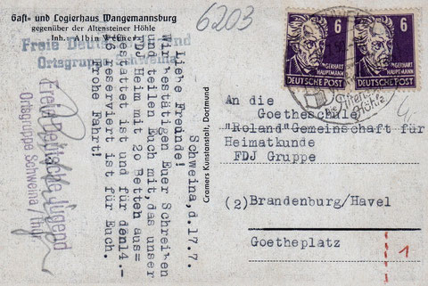 Gast- und Logierhaus Wangemannsburg Schweina - Karte vom 17.07.1950, als das Haus der Freien Deutschen Jugend gehörte