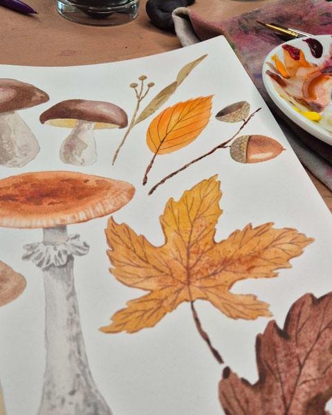 Herbst Aquarell, Blätter malen, Pilze mit Aquarellfarben malen, Wald Aquarell, Eicheln malen, Fliegenpilz malen, Natur mit Aquarellfarben, wie malt man mit Aquarellfarben, kostenloser Malkurs Aquarell, Illustration Berlin, Food Illustration Berlin