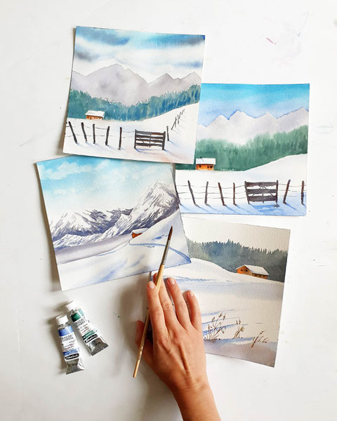 Landschaftsaquarell Bäume malen mit Aquarellfarben Pavillon im Park mit Wasserfarben gemalt, einfache Aquarelllandschaft für Anfänger, Fliederbüsche malen, Flieder, Steine mit Aquarellfarben malen, Aquarell Flieder, Steintreppe im Grünen, Wiese malen 