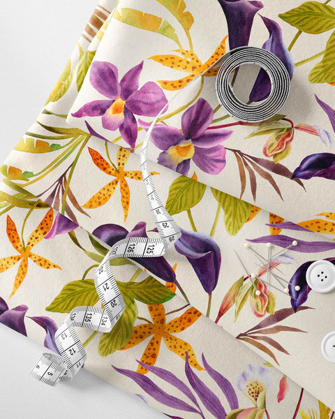 musterdesign, textildesign, stoffdesign, muster für stoffe entwerfen, surfacepatterndesign, textiledesign, hometextile, wie man nahtlose muster erstellt, musterdesigner werden, Aquarell Muster Stoffe Orchideen tropisch Blüten