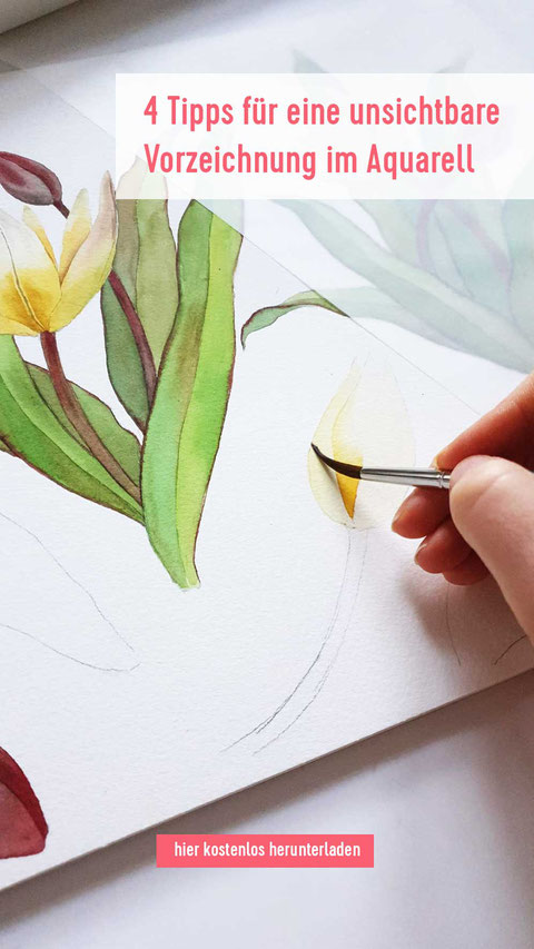 aquarell, vorzeichnung, bleistiftvorzeichnung, Blumen malen, blumenaquarell, Vorzeichnung wegradieren, mityoudesignmemalenlernen, malkurs, online, Berlin, aquarell malen lernen