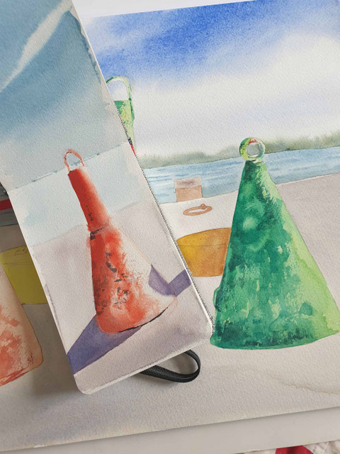 Skizzenbuch, Aquarellmalen lernen, urban sketching, nature sketching, Wasser malen, Clairefontaine Skizzenbuch, Aquarellfarben, draußen malen, Malenlernen, Malreise, Stralsund, Hafen, Buhnen, Ostsee, plein air