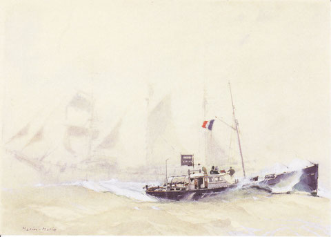 Peu après son départ de New-York l’Arrielle croise un voilier terre-neuvier sur les bancs de Terre-Neuve (tableau de Marin Marie)