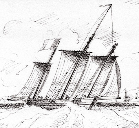 Lougre français au près tribord amure, c’était à cette époque les voiliers les plus performants au près dessin de Edward Bamfylde (National Maritime Museum)