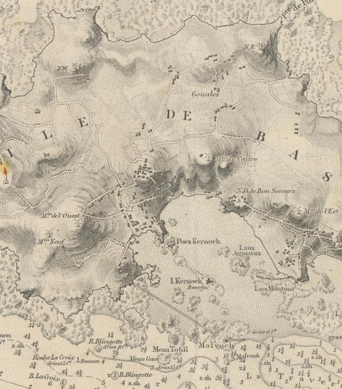 Six moulins sur la carte de l’amirauté anglaise, établie à partir de la carte du pilote Français de 1837 . mise à jour en 1886