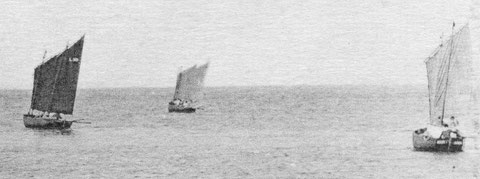 Le canot de Roscoff pris au large de l’île de Batz était probablement gréé de deux voiles au tiers comme ces petits flambarts de Ploumanac’h vers 1900