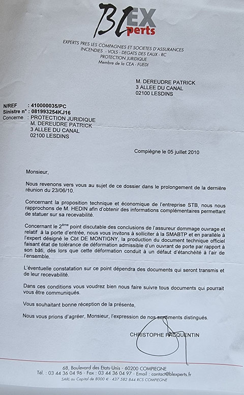 Le 07 Juillet 2010 Monsieur Christophe PACQUENTIN de chez BL EXPERTS m'adresse un courrier  BORDERLINE   EXPERTISES JUDICIAIRES ENTRE COPAINS...  www.jesuispatrick.fr