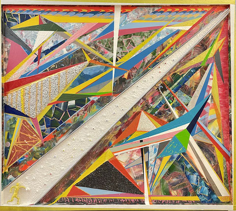 Kunstinstallation - Kunstwerk „HONETT“ von Andreas Alka alias FLoYd: Großformatige Mixed-Media-Installation mit Lack, Steingranulat, LED-Technik und Drahtfigur als Schalter. Symbol für Aufrichtigkeit und Haltung. 93 x 82 cm, 7,8 kg, 2021.