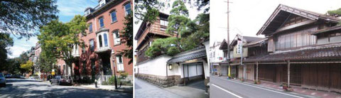 左よりアメリカの登録地区(ボストン市チャールズタウン),花街の料亭建築(新潟市古町),妻入りの町並み(新潟市小須戸)