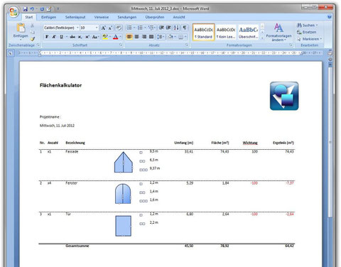 Flächennachweis in MS-Word